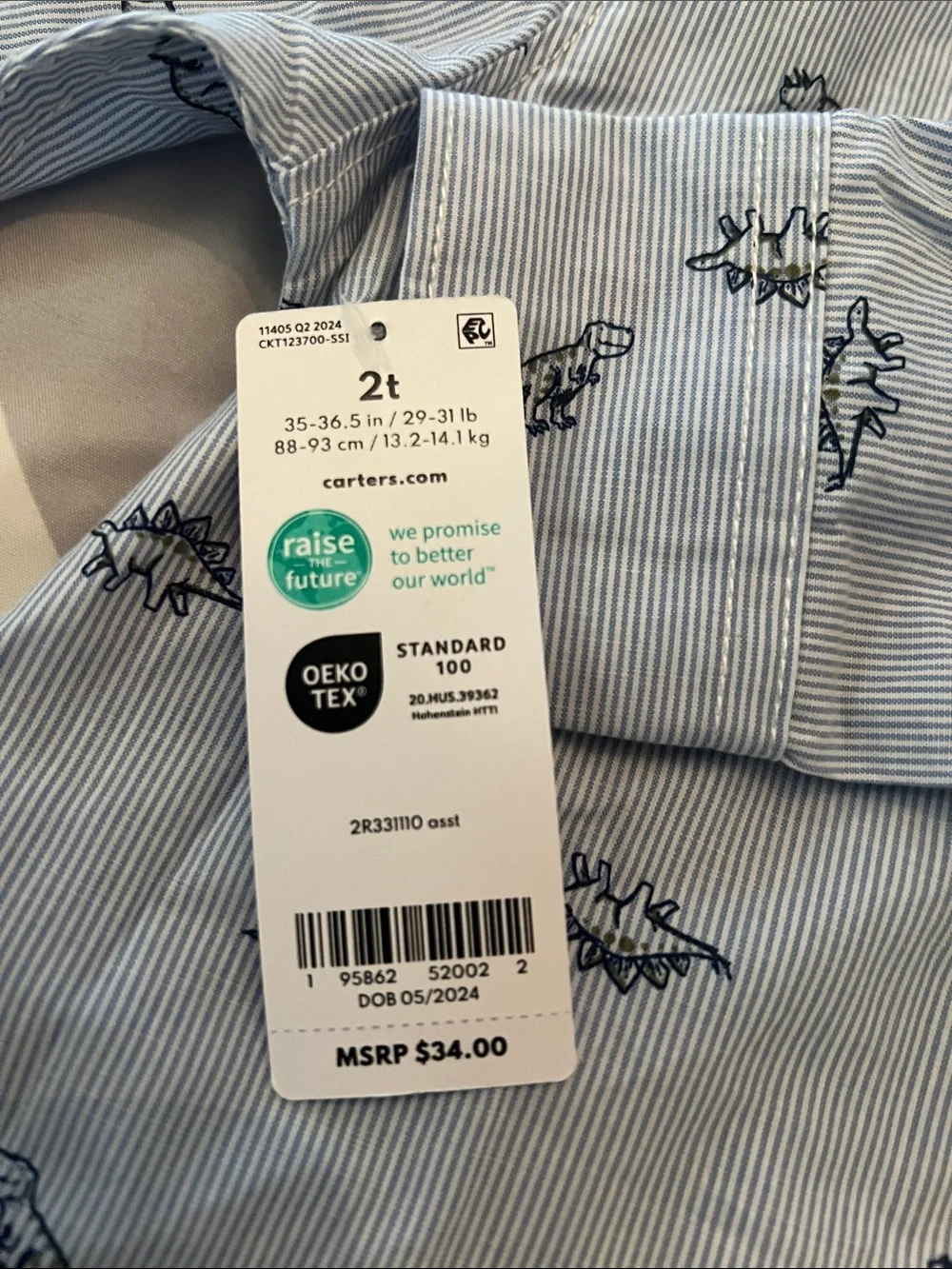 NWT Carter's Light Blue Button-Up Shirt with Navy Dino Print